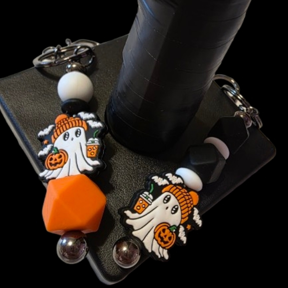 Halloween Ghost Keychain with Orange and Black Beads